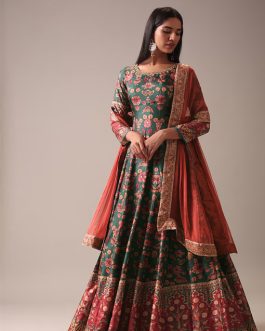 Green Floral Printed Anarkali Suit Set In Silk