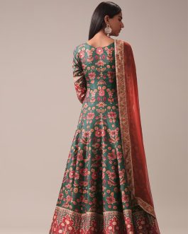 Green Floral Printed Anarkali Suit Set In Silk