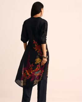 Black Floral Printed Chinon Kurti And Pant